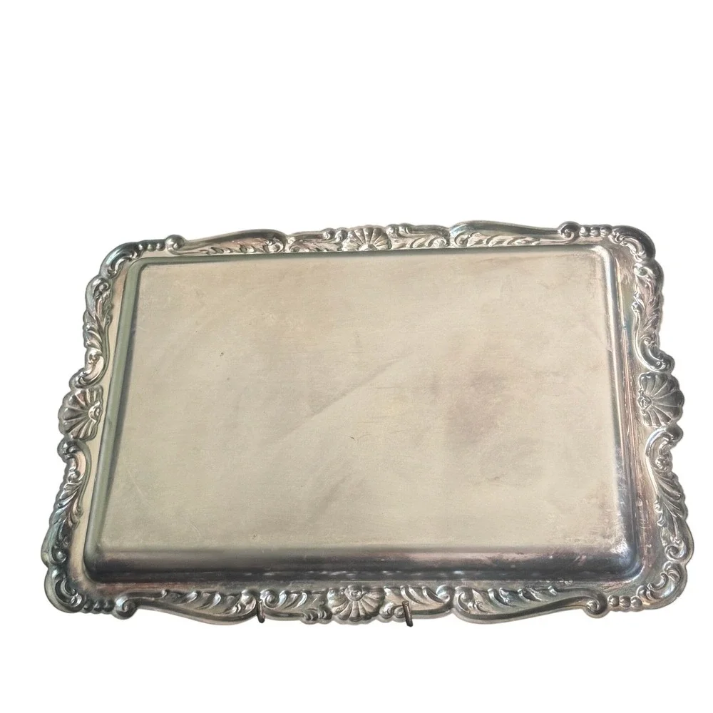 Vintage Vintage Silver Plate Rectangular Serving Tray Etched Scroll Shells